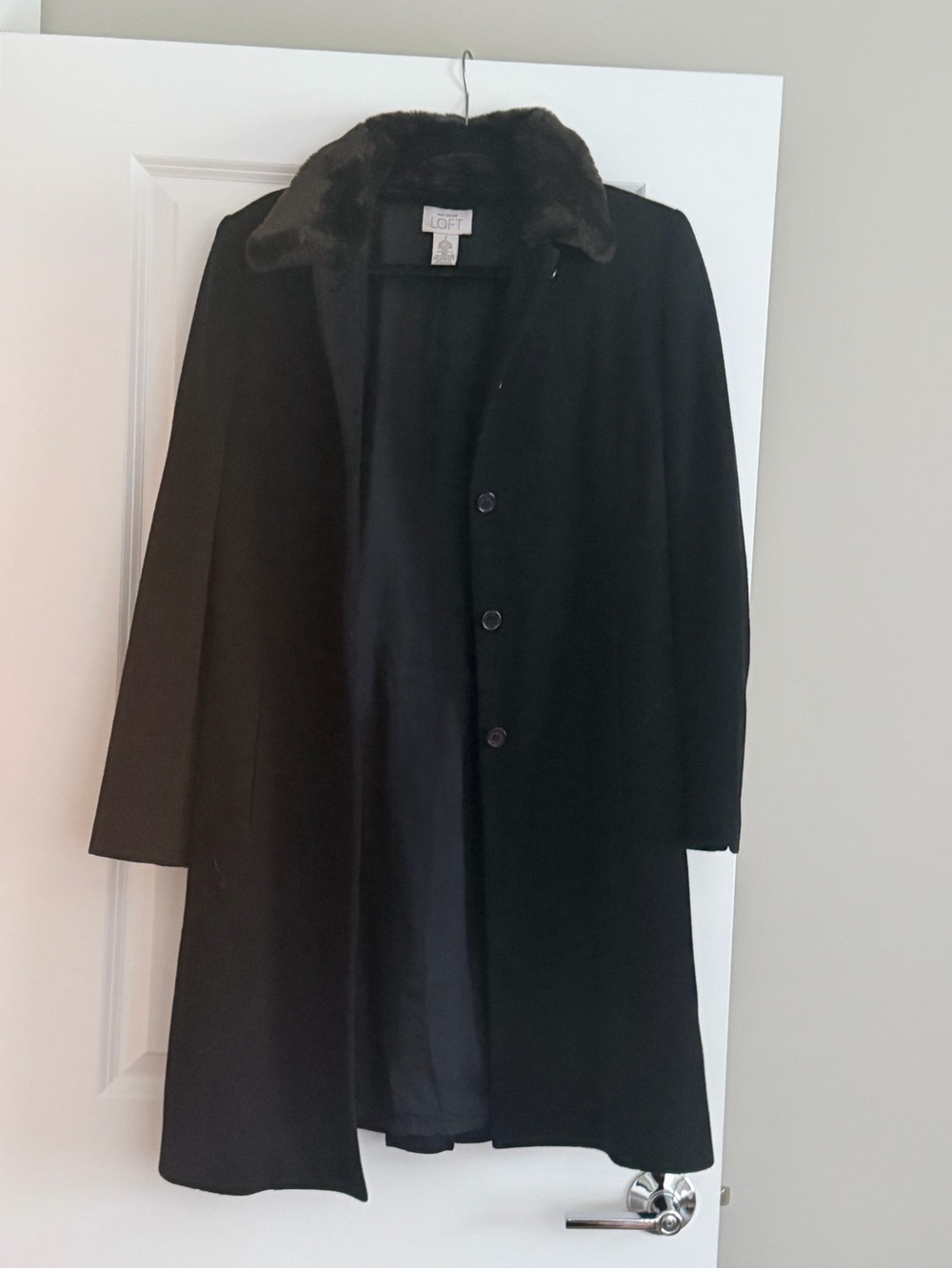 LOFT Black Wool Coat with Faux Fur Collar